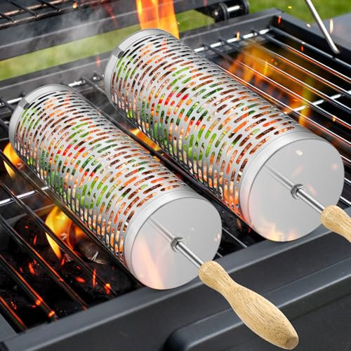 Nesting Grill Baskets (2 Pack), 304 Stainless Steel and Removable Wooden Handle, Rolling Grilling Net, BBQ Accessories Tools for Vegetables Shrimp, Outdoor Camping, Gifts for Men Dad Husband,Rectangle