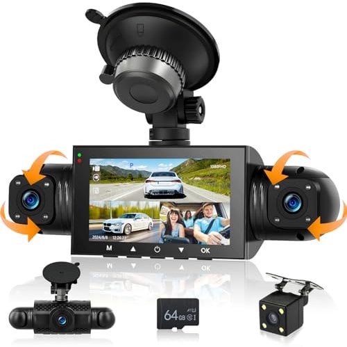 Motorsi Mirror Dash Cam 4 Channel Front Rear, 3 inch Rückspiegel Kamera mit 64GB Karte/G-Sensor/Parking Monitoring/Night Vision/24H Parking Mode + Waterproof 1080P Rear Camera