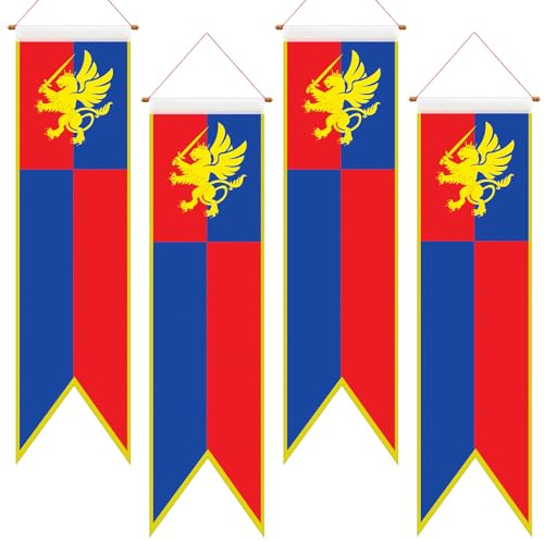 Oudain 4 ft Medieval Party Decorations Castle Flags, Blue and Red, 4 Pcs
