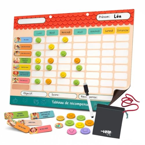 TINIOP®-Tableau de Récompense Magnétique pour Enfants – Planificateur Hebdomadaire et Quotidien avec Aimants Illustrés et Smiley –Organisation, Autonomie, Comportements Positifs –Fixation Frigo ou Mur