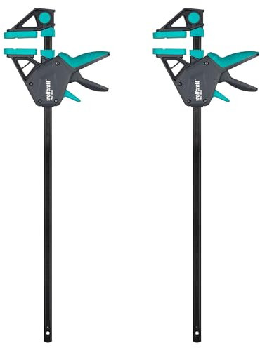 wolfcraft 2 one Hand Clamps PRO Ergo - Clamping Pressure 150 kg - 8672060 -The Convenient clamp for All-Round use - 450 mm Clamping Width -Made in Europe