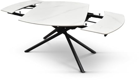 PAZZO DESIGN Ausziehbarer Drehtisch Aquiles, Keramik-Oberfläche weiß statuario, schwarze Metallbeine, Küchentisch, Wohnzimmertisch, ovaler Tisch, 120 x 88 x H 76 cm – id_2206
