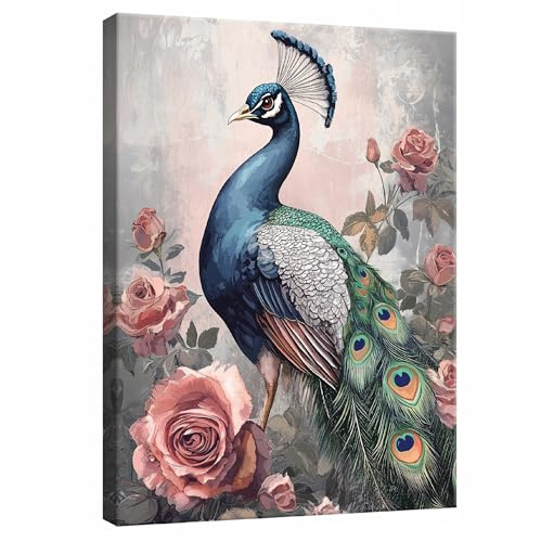 WallArena Leinwand Bilder Vogel Pfau - 70x100 cm - Natur Tiere Blumen | Leinwandbilder, Bild auf leinwand, Wandbild XXL groß Wandbilder für Wohnzimmer Schlafzimmer Wohnzimmerbilder