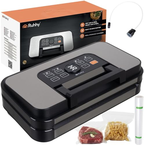 Ruhhy Vakuumiergerät mit Doppelpumpe & Doppelnaht – bis 95 kPa Saugkraft, 30 cm Beutelbreite, Cutter & Rollenfach, 16 L/min, 125 W, Modi Dry/Moist/Moist+, Pulse, Vac&Seal, Schlauch für Behälter