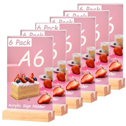URbantin A6 Ständer Aufsteller Acryl Tischaufsteller,6 Stück (Holzsockel) | T-Ständer Werbeaufsteller T-Aufsteller,Doppelseitig Schildhalter für Restaurant,Hotel,Dokumente,Büro, Geschäft