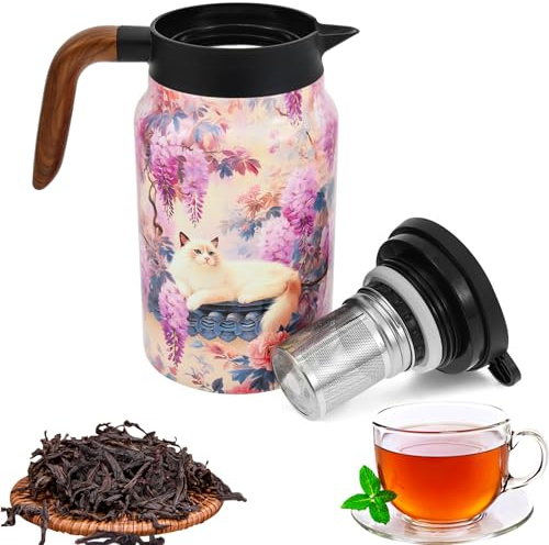Termo de 1500 ml con colador de té, diseño floral vintage vintage con diseño floral, tetera integrada vintage y colador de té integrado, térmico de acero inoxidable con tapa para bebidas calientes