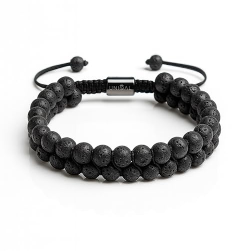UNIQAL | Damen Perlen Armband 2-reihig 6mm Perlen | Naturstein Edelstein Armband Tigerauge Lapislazuli Hämatit Onyx Lava | Verstellbar | Geschenk Schmuck