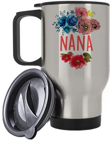 Mothers Day Themed Floral Art Nana 14oz Silver Travel Mug.