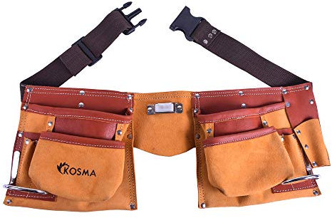 Kosma 11 Pocket Carpenter Leather Tool Belt (Two Tone) with Quick Release Nylon Belt | Tool Apron