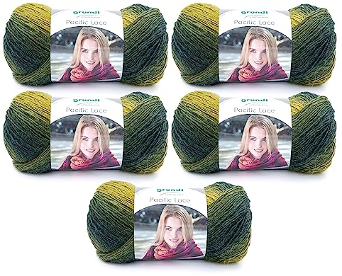 Gründl Pacific Lace (Farbverlaufsgarn mit wollartigem Charakter aus 80 % Polyacryl, 10 % Wolle, 10 % Alpaka, 100 g / 550 m, Nadelstärke: 2,5 mm - 3 mm, 5 x 100 g), Maronenmossgrün, 36 x 20 x 8 cm