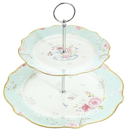 Bicuzat Elegant Bone China Blue Strip 2-tier Cake Stand/Cupcake Stand/Pastry Serving Cake Stand in Gift Box