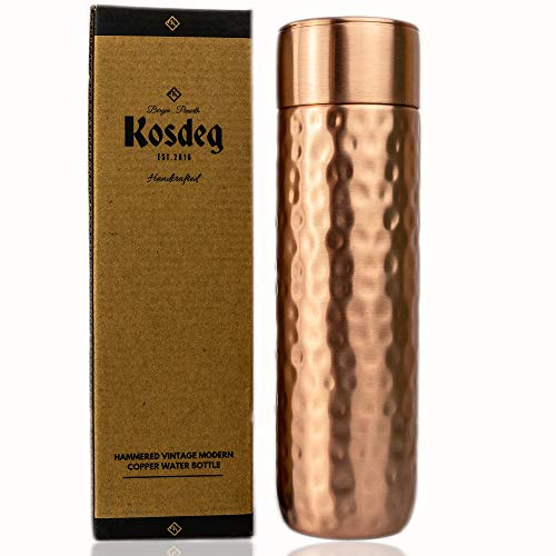 Kosdeg Copper Water Bottle - 0.5L / 17oz - Hammered Vintage Modern Design - An Ayurvedic Copper Vessel For Drinking - Drink More Water, Lower Your Sugar Intake And Enjoy The Health Benefits
