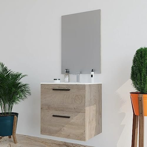 MarinelliGroup Mobile bagno 60 cm sospeso con lavabo in ceramica e specchio con cassetti rovere Altea