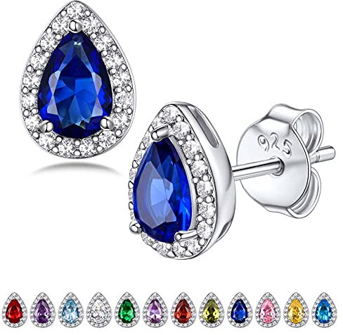 Bestyle Silber 925 Birne Kristall Ohrringe Damen, Zierlicher CZ Ohrstecker, Halo Earrings, Geburtsstein Saphir Ohrschmuck Geschenk für Valentinstag Weihnachten Hochzeit