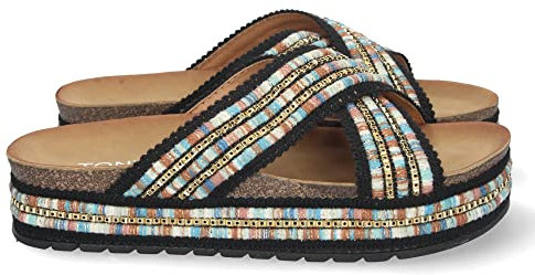 shoes&blues.es 66123-Sandalia Plana para Mujer, con Planta Bio, Bordado Multicolor, y Palas Cruzadas, Primavera Verano 2022. Talla 37 Negro