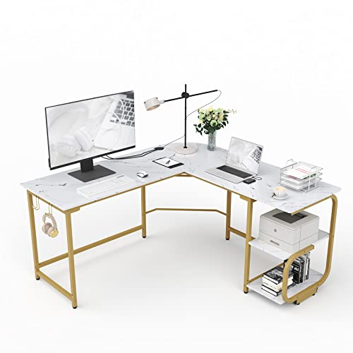 Ulifance L Shaped Computer Desk with G Shelves for Home Office Corner Computer Desk for Small Space White+Gold Frame