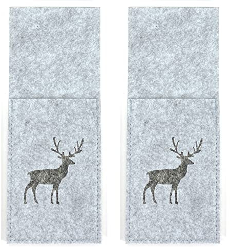 heimtexland ® Tischdeko Filz Bestecktasche abwaschbar Landhaus Tischdekoration Besteckhalter 10x25 Typ847 Hellgrau - Hirsch 2er Pack