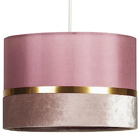 Pink Velvet & Fabric Vintage Easy Fit Drum Pendant Shade with Gold Metallic Band | 30cm Diameter (12) | None Electric Ceiling Lampshade | Fits All Lampholder Types E14 E27 B15 B22