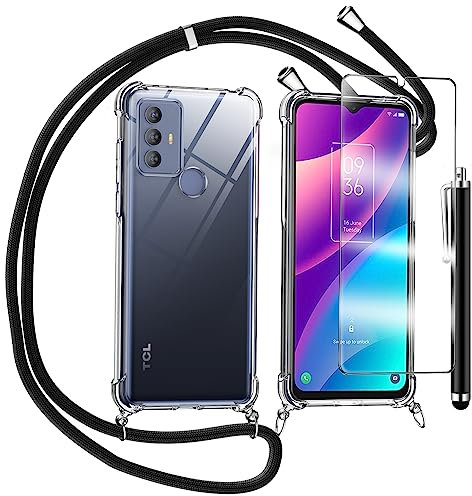 TTSWJBD Cover per TCL 305 / TCL 306 / TCL 30 SE/TCL 30E e Vetro Temperato Custodia con Cordino Silicone Morbida Cover Cellulare Girocollo Collana Necklace Protettiva Bumper Antiurto TPU Case, Nero