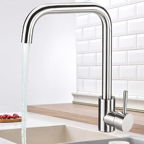 Virklyee Wasserhahn Spültischarmatur Wasserhahn Küche 360° Drehbar Küchenarmatur aus Edelstah, Einstellbares Kaltes und Heißes Wasser, Edelstahl 304 (L-form)