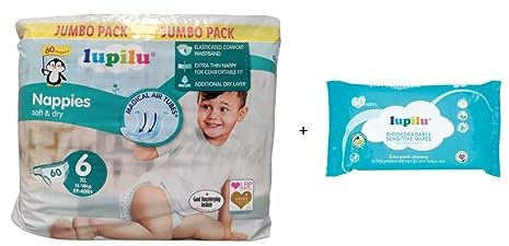 Lupilu Size 6 XL Nappies Jumbo 60 Pack + 60 Fragrance Free Baby Wipes