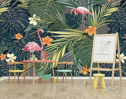 QEETapete Papier Peint Panoramique Flamant Rose Feuilles Tropicales Vertes Papier Peint 3D Tapisserie Murales Chambre Salon Décoration 150x105cm-SJJ08186