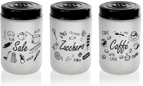 MECSAL CASALINGHI Set 3 Barattoli Contenitori, Tris Sale Zucchero Caffè, in Vetro Bianco Satinato, con Decorazioni