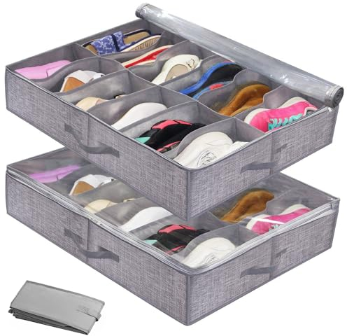 Uwenkjie 2 Faltbare Unterbett Schuhschrank Aufbewahrungsboxen mit insgesamt 24 Fächern, Unterbett Schuhbox/Container mit verstärktem Griff, Transparente Abdeckung, Faltbare Schuhbox