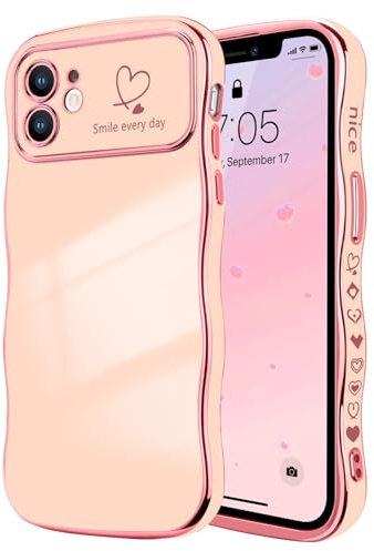 LCHULLE Coque Compatible avec iPhone 12 Motif Coeur Housse Portable Forme Ondulée Bouclée avec Protection de Caméra Galvanisé Coque pour iPhone 12 Rose