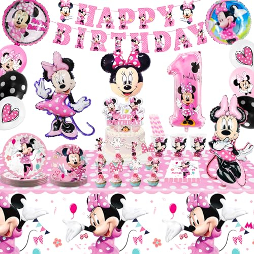 Minnie Birthday Decorations Set - Pink Girls Theme Tableware Kit With Balloons, Plates, Cups, Banner, Tablecloth, Cake Topper - 1st Birthday Party Supplies