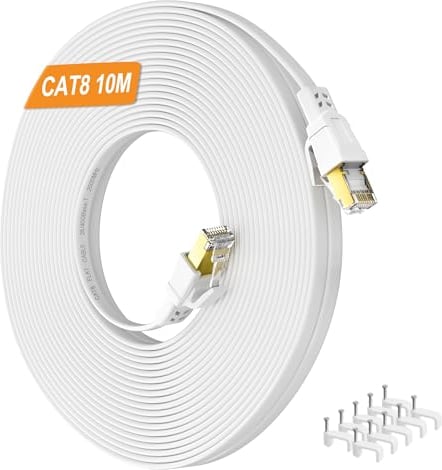 Nowunke LAN Kabel 10meter Cat 8 Netzwerkkabel 10m Flach Ethernet Kabel Weiß Hochgeschwindigkeit 40Gbps 2000MHz Patchkabel, RJ45 Gigabit STP Geschirmt Wlan Internetkabel für Router Modem Switch