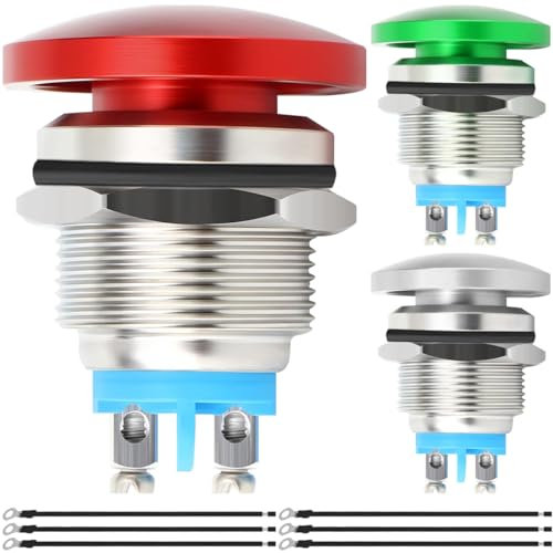 MKBKLLJY 3St. 16mm Pilzkopf Drucktaster Schalter Taster IP65 Wasserdicht DC 12V 3A AC 110V 5A SPST mit gewölbter Schraube und Klemme Drähte für Auto Boot LKW 3Farben(Rot/Grün/Sliver)