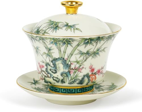 fanquare Chinese Gaiwan Red Plum Blossoms Green Bamboo Porcelain Sancai Tea Bowl with Lid Vintage Teacup Saucer Cover Set 200ML