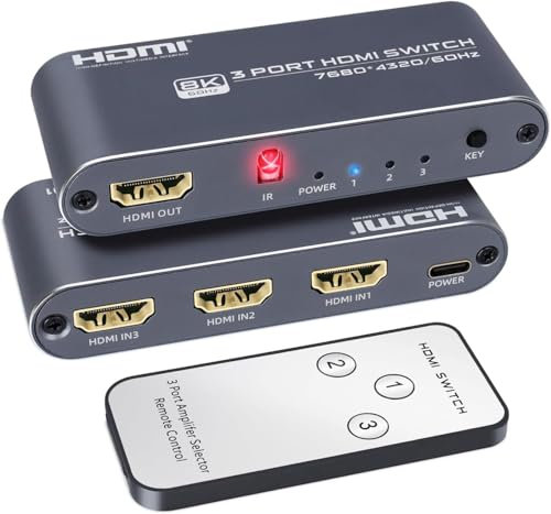 Conmutador HDMI 3 en 1 8K 60Hz/4K 120Hz, conmutador HDMI de 3 puertos con control remoto IR, compatible con PC, Xbox, reproductores HD, reproductores Blu-Ray, etc.