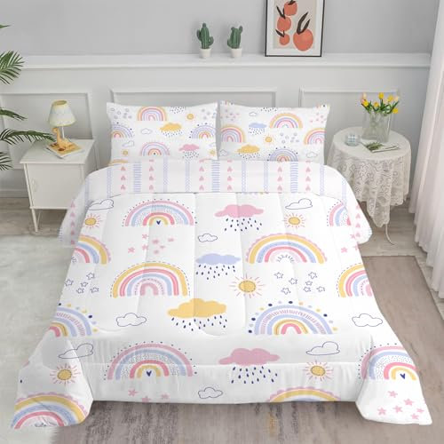 Bettdecke 135x200 4 Jahreszeiten, Weißer Regenbogen Vierjahreszeiten Steppdecke 135x200, Warme Ganzjahresdecke Sterne Wolken Bettdecke ohne Bezug Waschbar Schlafdecke mit 2 Kissenbezug 80x80cm