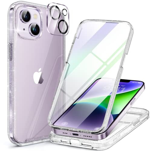 Miracase Glass Case for iPhone 14 Plus Case 6.7-Inch, Full Body Bumper Clear Back Cover and Built-in 9H Tempered Glass Screen Protector + Camera Lens Protector (Clear Glitter)