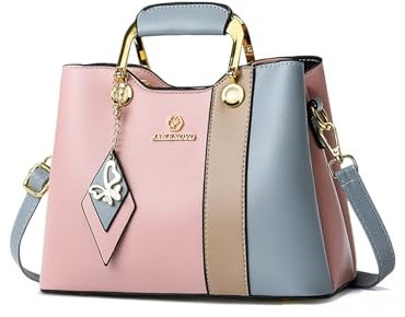 NICOLE & DORIS Handtasche Damen Designer Umhängetasche Kleine Schultertaschen PU Leder Henkeltasche Mehrfarbige Crossbody Bag Mädchen Kuriertaschen mit Anhänger Rosa mit Blau