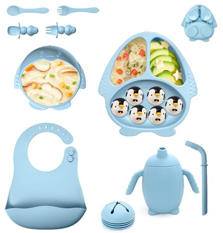 VIRIECH - Set de Vajilla para Bebé de 10 Piezas en Silicona Apta para Alimentos, Incluye Cuchara, Tenedor, Cuenco, Vaso, Vaso de Aprendizaje de Beber y Plato, Ideal para Alimentación y Regalos
