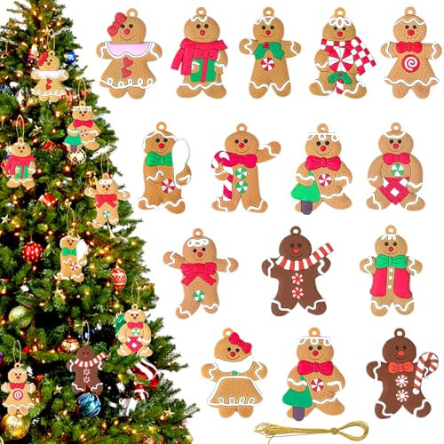 Furuising 15 Stück Lebkuchenmann Anhänger, Weihnachtsbaumschmuck Lebkuchen, Lebkuchenmann Deko, Christbaumschmuck Lebkuchen, Lebkuchenmann-Ornamente für Festliche Home Party Weihnachtsbaumdekoration
