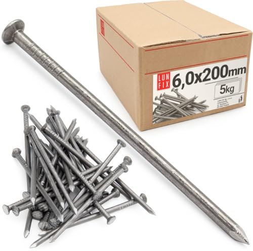 Lun Fix Perni metallici 6,0 x 200 mm – 5 kg (circa 110 pezzi) chiodi in legno per lavori di costruzione, chiodi da costruzione non zincati, chiodi in acciaio da 9, lunghezza 200 mm, testa svasata