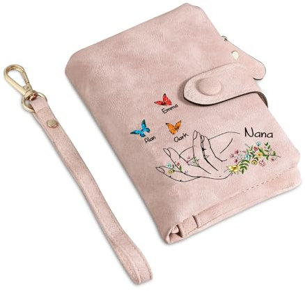 jewelora Portefeuilles Femme Personnalisé avec Nom Portefeuille Cuir pour Femme Porte-Monnaie Cadeau pour la Fête des Mères Noël Anniversaire (4 Name)