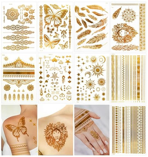 Deepton Temporäre Tattoos, Festival Tattoos Damen Goldene, Klebetattoos Erwachsene, Wasserdichte Metallic Gesichtstattoo Glitzer zum Aufklebe für Party Festival Accessoires