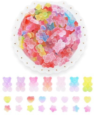 120pcs Kawaii Slime Charms 3D Cute Mini Flatback Nail Gummy Bear Beads Bulk Resin Jewelry Making Candy Embellishments Supplies Multi-Sized Jelly Sugar Heart Star Charms for DIY Cell Phone Scrapbook
