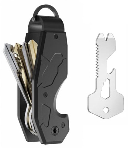 Compact Key Organizer Keychain with Built-in Tools – Holds 1-6 Keys, Includes Bottle Opener, Hex Wrench, and Serrated Cutter – Minimalist Key Holder for Men and Women, Black, Black