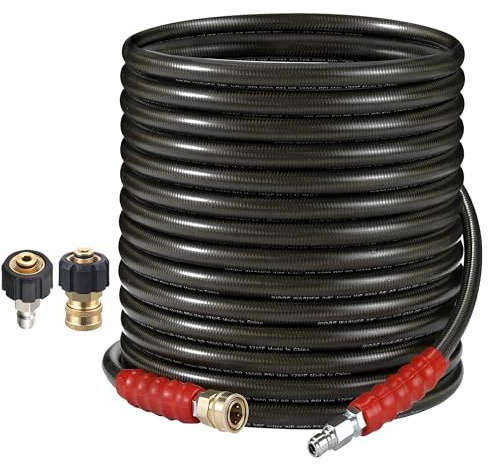 RIDGE WASHER Pressure Washer Hose 50 Feet X 3/8 Inch for Hot and Cold Water, 2-Wire Steel Braid Hose (R2), 3/8 Inch Quick Connect, 6000 PSI