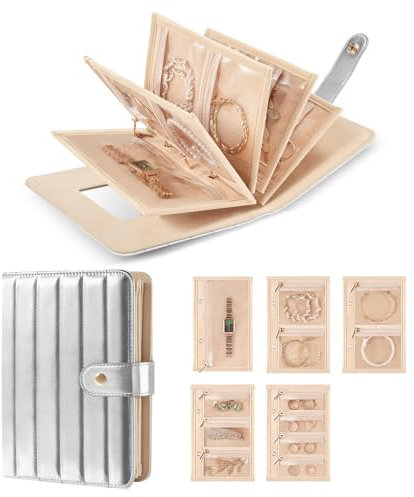 Lolalet Reise Schmuck Organizer mit transparente Schmuck Tasche für Ohrringe Armband Halskette Ring, kompakte Aufbewahrungsbox Schmuckrolle mit Spiegel-Silber