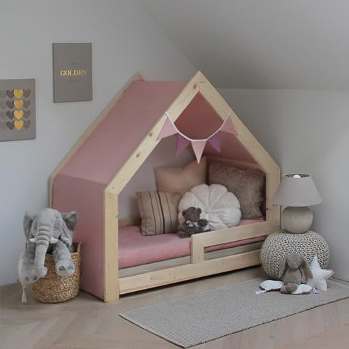 Need Need Sleep Hausbett Himmel mit Wimpelkette für Bett 90x200 cm - 100% Baumwolle Betthimmel Mädchen Junge- Himmelbett Vorhang für Kinderbett - Baldachin Kinderzimmer Deko Rosa (440 cm x 90 cm)
