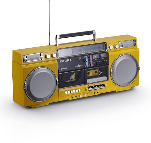 aiwa Retro Boombox CD Player with Cassette Recording, Bluetooth 5.0, FM/AM Radio, USB/SD/AUX Inputs, VU Meter, LCD Display, Dual 40W Speakers - Yellow