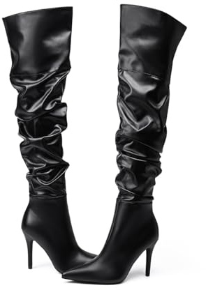 Feinlina Bottes noires au-dessus du genou à talon haut pour femmes, sexy avec bout pointu et fermeture éclair latérale en cuir, Noir , 38 EU