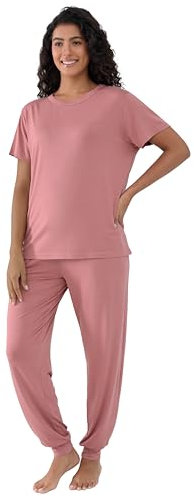 Joyaria Pigiama lungo da donna, con top corto e pantaloni lunghi con polsini, estivo, a maniche corte, pigiameria, rosa antico, L